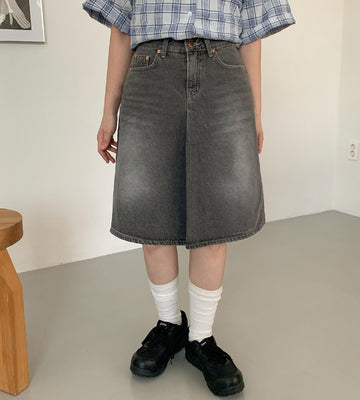 Hirit Gray Washed Denim Midi Skirt